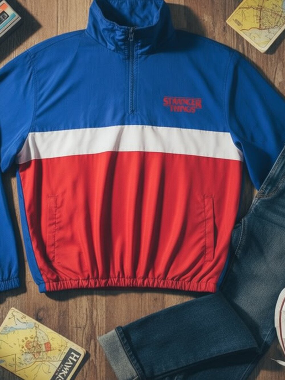 Stranger Things Quarter-Zip Pullover Windbreaker Retro 80s Style Jacket